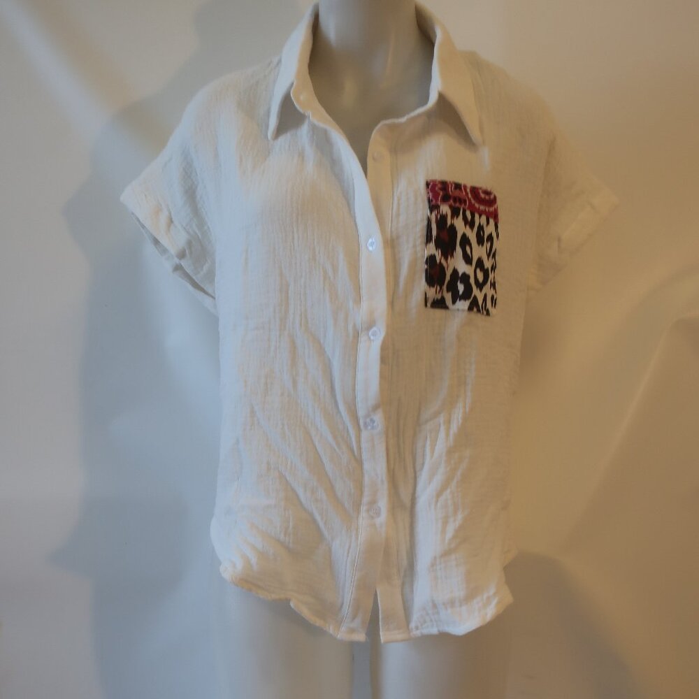 NWT Womens Romi Basha White "Michelle" Leopard & Paisley Button Down Shirt XS***